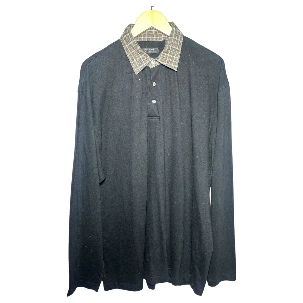 Harold Powell Men's Size XL Black Long Sleeve Polo Shirt Plaid Collar‎